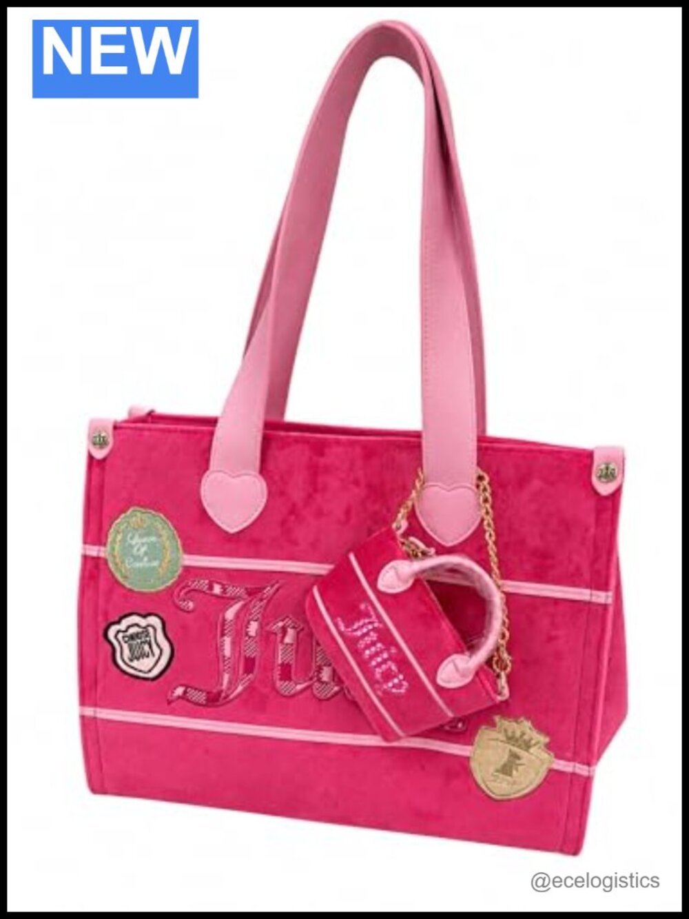 Faux Leather Velour Tote Bag with Embroidered Patches, Zip Closure, Shoulder